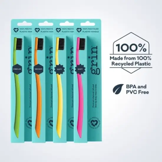 Grin Charcoal-Infused 100% Recycled Toothbrush for Sensitive Teeth and Gums - Lime - Medium image {5}