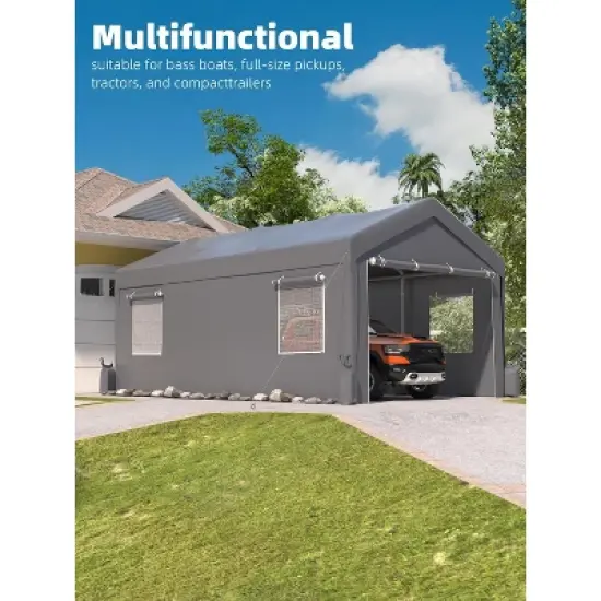 12x20' Heavy-Duty Portable Garage w/ Reinforced Frame, Canopy Top, Roll-Up Windows & Dual Doors - Ideal for Vehicles, Boats, Events (Gray) image {2}