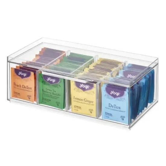 iDESIGN Crisp Plastic Stackable Tea Packet Storage Organizer Drawer with Lid Clear: Kitchen Cabinet Organizer, 13" x 5" x 6" image {2}
