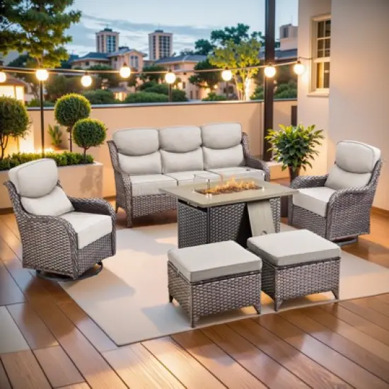 Gymojoy 6 Pieces Outdoor 6 Inch Sofa Swivel Chair Ottoman with Fire Pit Table image {15}