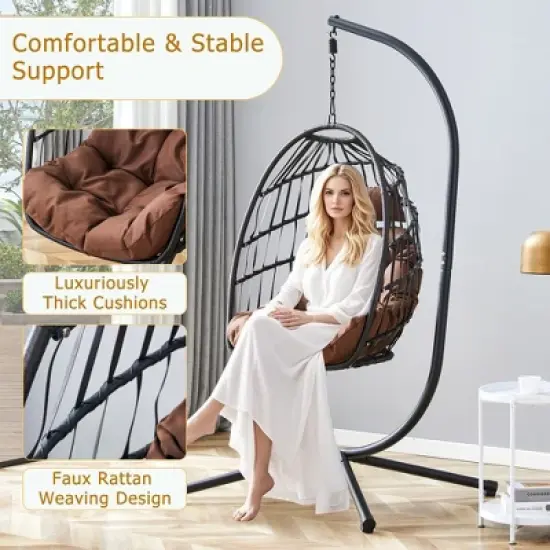 Sapphtopaz Porch Swing Egg Hanging Chair Wicker Woven Swing Hanging Hammock Chair with Cushions and Stand for Indoor, Garden, Terrace, Backyard image {1}