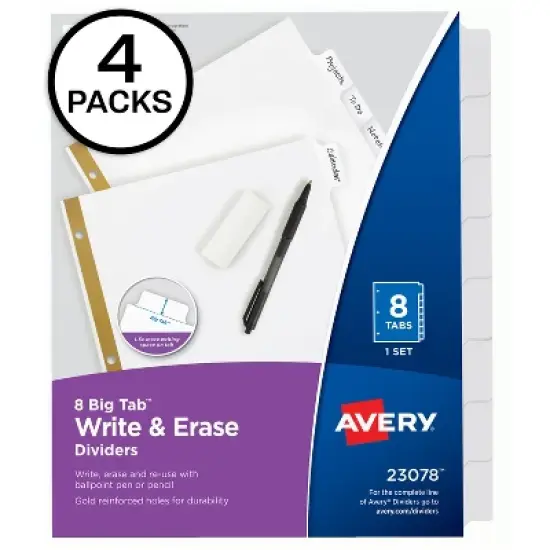 Avery Big Tab Write & Erase Dividers, 8 White Tabs, 4 Sets of 23078 image {8}