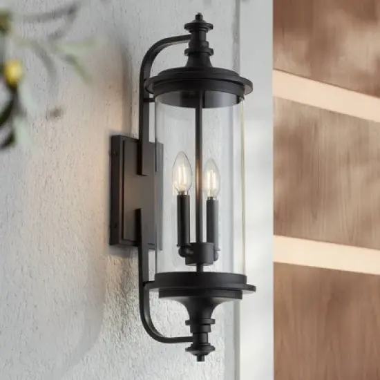 Possini Euro Design Medici Modern Outdoor Wall Light Fixture Black Metal 24 1/2" Clear Glass for Post Exterior Barn Deck House Porch Yard Patio Home image {1}