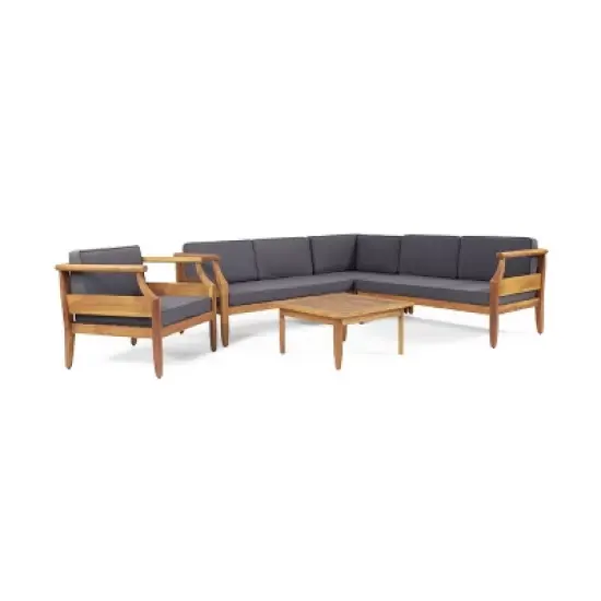 5pc Aston Outdoor Mid-Century Modern Acacia Wood Sectional Set with Club Chair Teak/Dark Gray - Christopher Knight Home image {11}