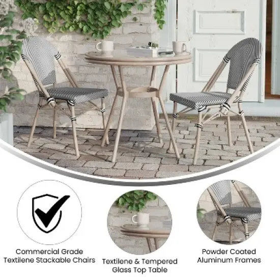 Merrick Lane Mael Bistro Style Table with Glass Top, Textilene, 2 Stack Chairs, and Bamboo Finished Metal Frame for Indoor/Outdoor Use image {3}