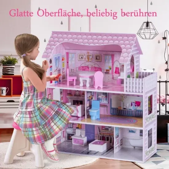 Costway 28'' Pink Dollhouse w/ Furniture Gliding Elevator Rooms 3 Levels Young Girls Toy image {2}