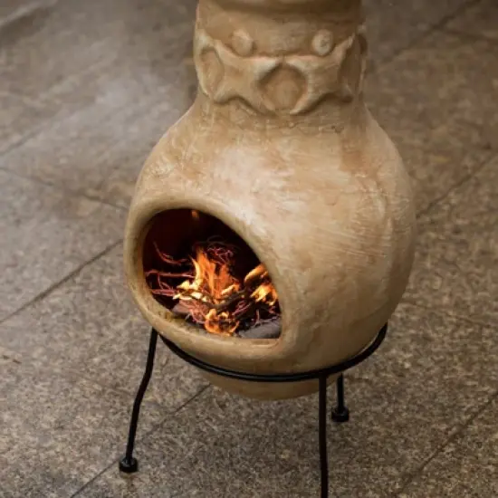 Vintiquewise Outdoor Beige Clay Chimenea Maya Design Fire Pit with Metal Stand image {4}