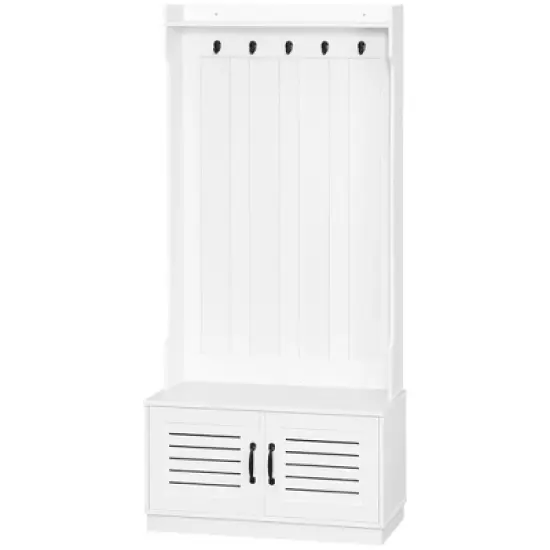 HOMCOM Modern Hall Tree, Entryway Coat Rack with Shoe Bench, 5 Hooks, Storage Shelf and Slatted Door Cabinet for Hallway, White image {3}