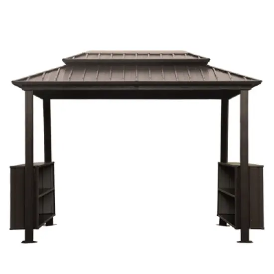 DOMETOUR 6x10FT Hardtop Grill Gazebo with Double Steel Roof, 2 Cabinets & Ceiling Hooks for Patio, Backyard, Lawn, Brown image {6}