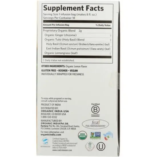 Organic India Tulsi Lemon Ginger Tea - Case of 6/18 Bags image {3}