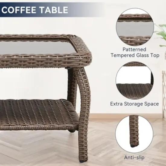 Outdoor Wicker CoffeeTable Patio Coffee Tables for Outside, Tempered Glass Top Wicker Table with Storage Coffee Table for Patio Balcony Porch Deck image {4}