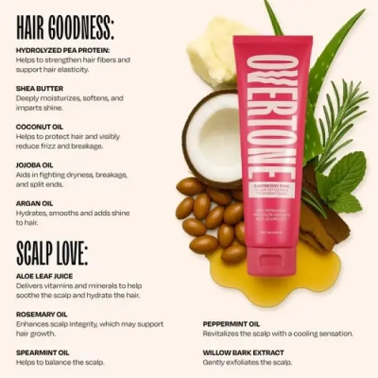 Overtone Raspberry Pink Hair Mask- Semi-Permanent Hair Dye & Color Conditioner- Vegan, Ammonia-Free, Pink for Brown & Blonde Hair image {2}