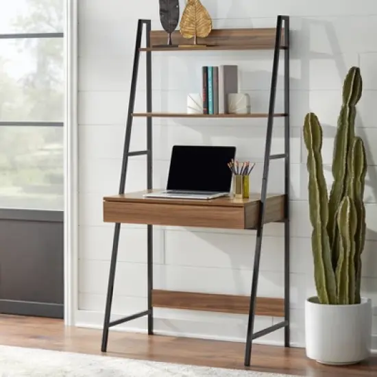 3pc Denton Ladder Desk and Shelf Walnut/Black - Buylateral image {3}