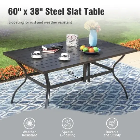 Captiva Designs 8pc Outdoor Rectangle Steel Dining Table & Stackable Metal Chairs & Beige Umbrella image {1}