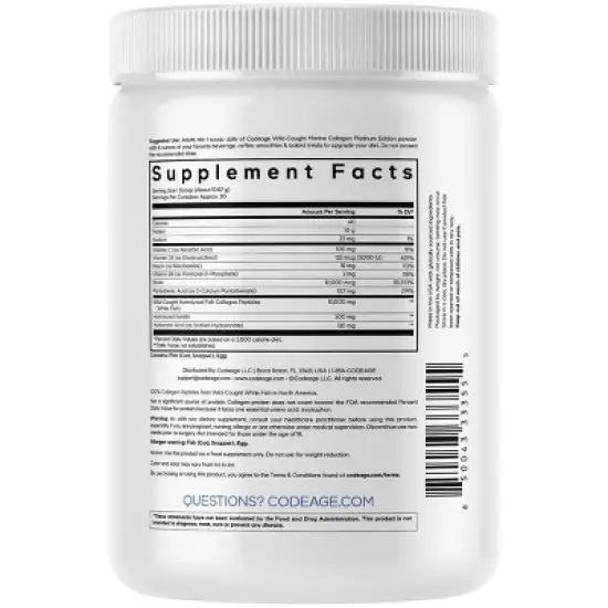 Codeage Marine Collagen Protein Powder Platinum, Fish Collagen Peptides + Vitamins, Biotin - 11.50 oz image {1}