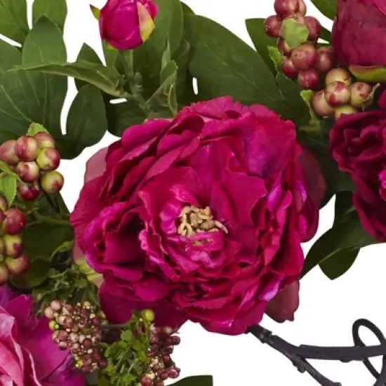 Mixed Peony and Berry Silk Wreath Fuchsia 20" - Nearly Natural image {2}
