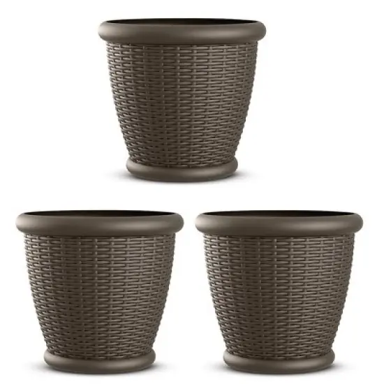 Suncast 18 In Round Decorative Plastic Wicker Style Planter Flower Plant Pot with Drillable Drainage Holes for Indoor or Outdoor Use, Brown (3 Pack) image {6}