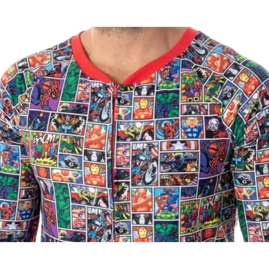Marvel Unisex Adult Comic Character Grid Print One Piece Pajama Union Suit Multi image {1}