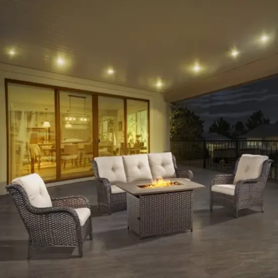 POCASSY 4-Piece Outdoor Furniture Set with 50000BTU Propane Fire Pit, All Weather Wicker Patio Fire Pit Table Set with 3-Seater Sofa and Club Chair image {1}