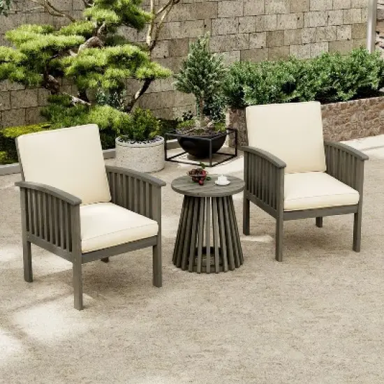 Christopher Knight Home Pascal 3 Piece Patio Acacia Wood Club Chairs with Round Coffee Table image {11}