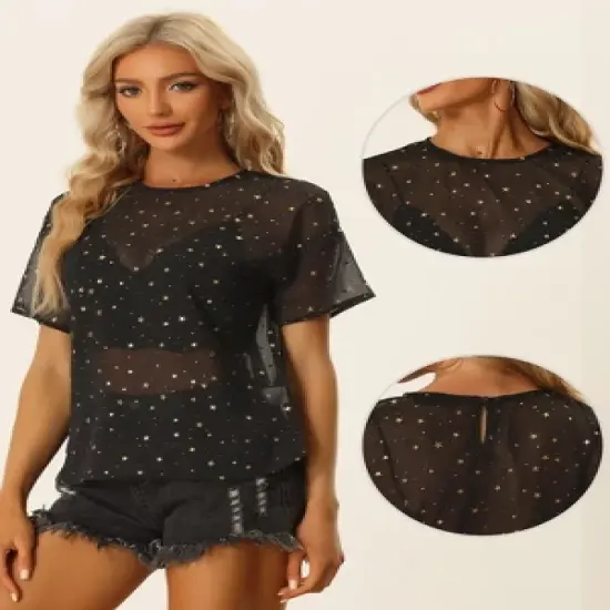 Allegra K Women's Party Sheer Short Sleeve Gilding Shiny Metallic Stars Blouses image {1}