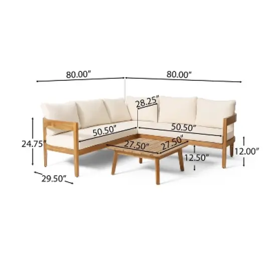 Christopher Knight Home 4pc Brooklyn Teak Outdoor Sectional Chat Set with Cushions Beige image {11}