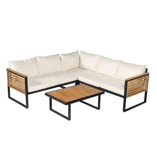 4 PCS Outdoor Sofa Set, Industrial Style Sofa Set with Table, Acacia Wood Sofa with Metal Frame and Polyester Cushion-Coolbibila image {4}