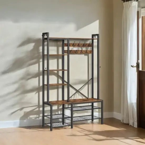 Hall Tree with Bench and Shoe Storage, Entryway Coat Rack with Shoe Bench, 5 Storage Shelves, 9 Coat Hooks, 6 Side Hooks, 15.7 x 47.2 x 74.8 Inches image {2}