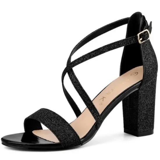 Allegra K Women's Glitter Crisscross Strap Block Heels Sandals image {10}