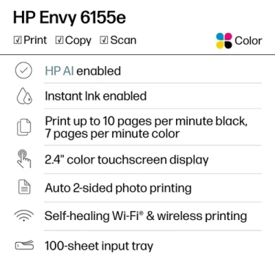 HP Envy 6155e Wireless All-in-One Color Printer Scanner Copier with 3 Months Free Instant Ink (714L5A): USB, Wi-Fi, 1200x1200 DPI image {1}