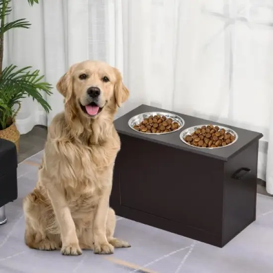 INFURNIC Pet Bowl Raised Feeding Station with Storage Stainless Steel Bowls Elevated Design for Large Dogs, Brown, 23.5"*11.75"*16.25" image {1}