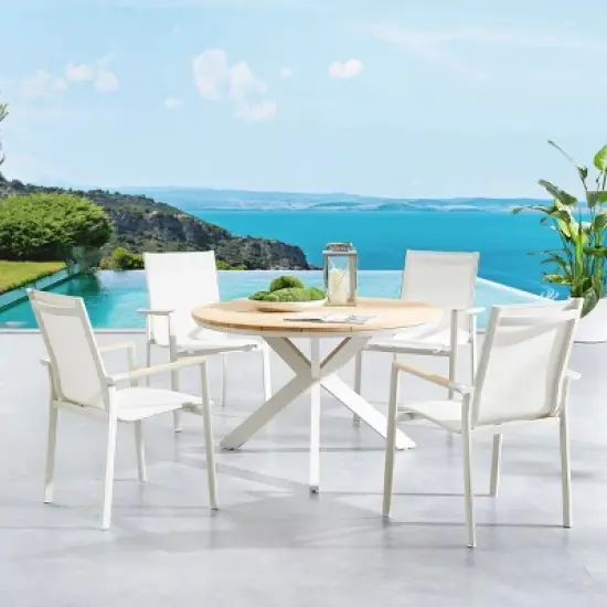Round Planked Wood Top Outdoor Dining Set 4Piece Textured Mesh Chair Patio Furniture image {1}