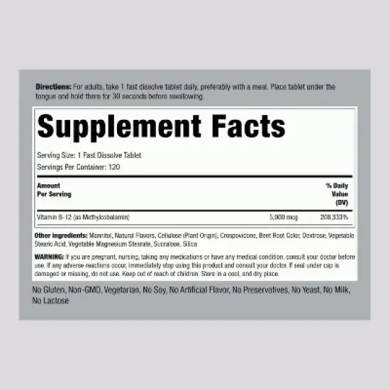 Piping Rock Sublingual Vitamin B12 Methylcobalamin | 5000 mcg | 120 Tablets image {1}