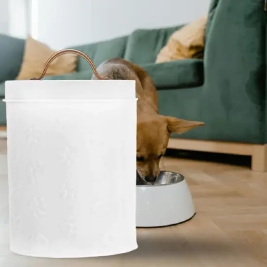 Amici Pet Small White Metal Canister (8" H x 5.5" L) - Airtight Gasket Lid & Handle, Embossed with Puppy Paws - Decorative Pet Food Storage Jar, 64 Oz image {3}