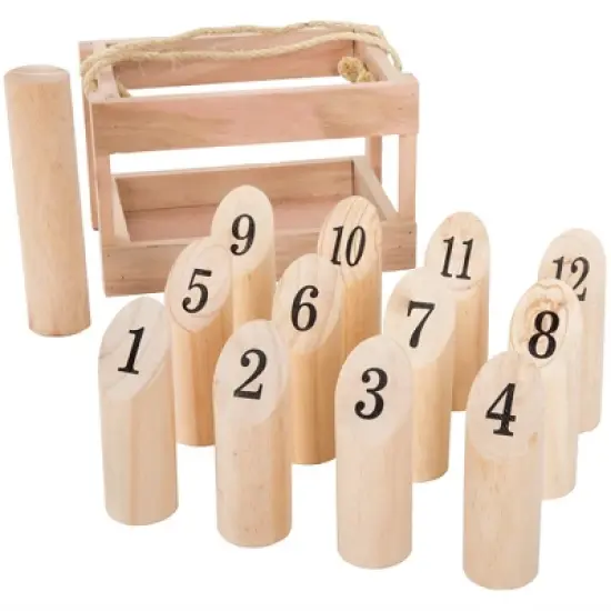 Toy Time Wooden Throwing Game for Adults and Kids - Complete Set With 12 Numbered Skittles, Throwing Dowel, and Carrying Crate image {1}