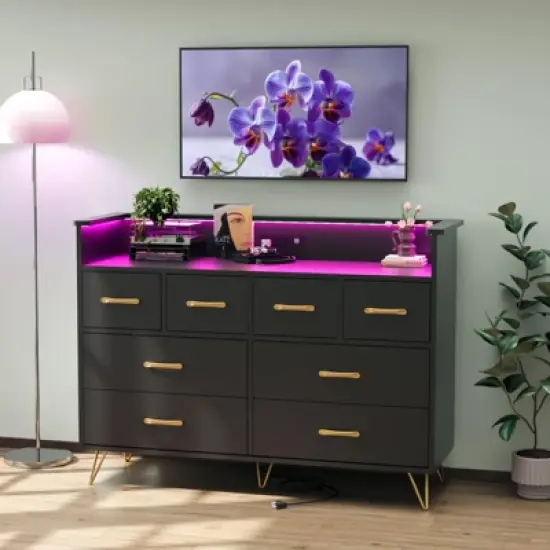 Dresser with Power Outlet and LED Lights, Wood 8 Drawer Dresser for Bedroom, Modern Chest of Drawers for Closet, Living Room image {8}