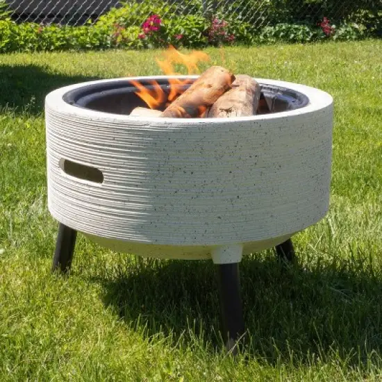 Pure Garden 21" Magnesium Oxide Round Outdoor Fire Pit Set Light Gray: Includes Poker & Cover, Easy Assembly image {2}