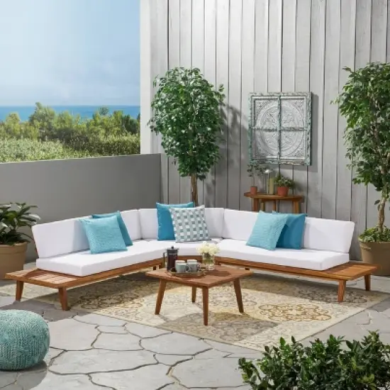 Hillcrest 4pc Acacia V-Shaped Outdoor Patio Sectional Sofa Set - Natural/White - Christopher Knight Home image {1}