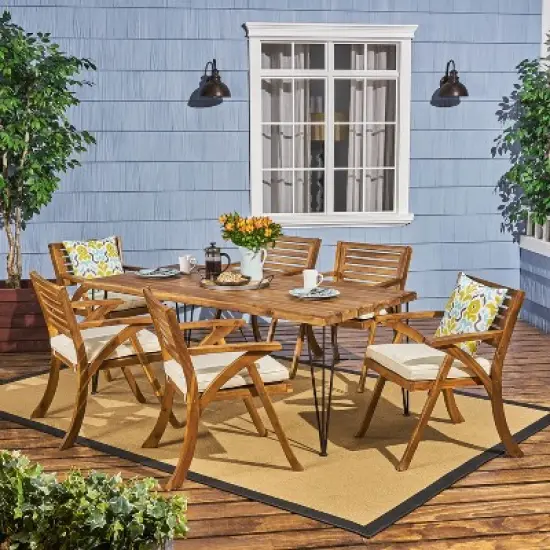 GDFStudio Tongass Outdoor Acacia Wood and Iron 7 Piece Dining Set with Cushion, Teak and Cream image {7}