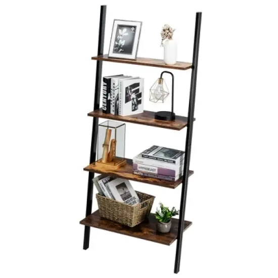 Costway Industrial Ladder Shelf 4-Tier Leaning Wall Bookcase Plant Stand Rustic Black/Brown image {11}