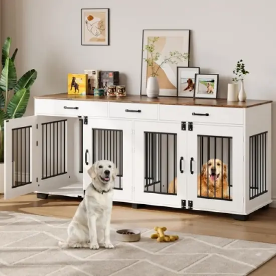 ODK 71" Large Dog Crate Furniture for 2 Dogs with 3 Drawers, Heavy Duty Double Indoor Dog Kennel and TV Stand for Medium Large Dogs image {1}