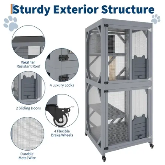 Jojoka Pet 4-Tier Wood Catio Outdoor Window Cat Enclosure, Cat House on Wheels with Scratch Post, Resting Box, Platforms, Sliding Doors, Weatherproof image {3}