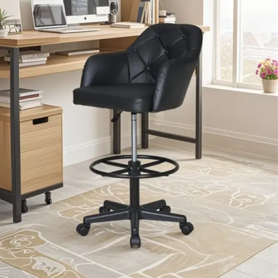 VECELO Drafting Chair with Adjustable Height PU Swivel Stool with Lumbar Support image {18}