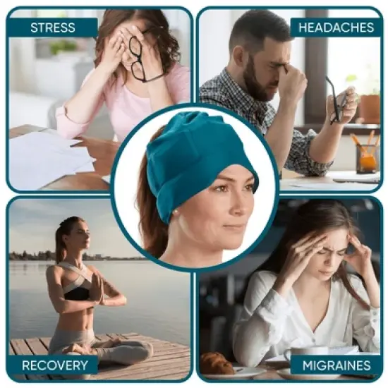 Headache, Migraine, & Stress Relief Hat - Natural Ice Mask for Tension & Muscle Pain - Stretchy, Comfortable, & Cool Wearable &ndash; Teal image {3}