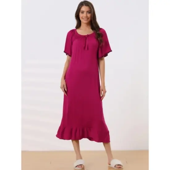 cheibear Womens Sleepwear Pajamas Dress Ruffle Short Sleeve Midi Nightgowns image {1}