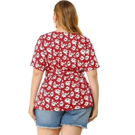 Agnes Orinda Women's Plus Size Ruffle Short Sleeve Chiffon Floral Blouse image {3}