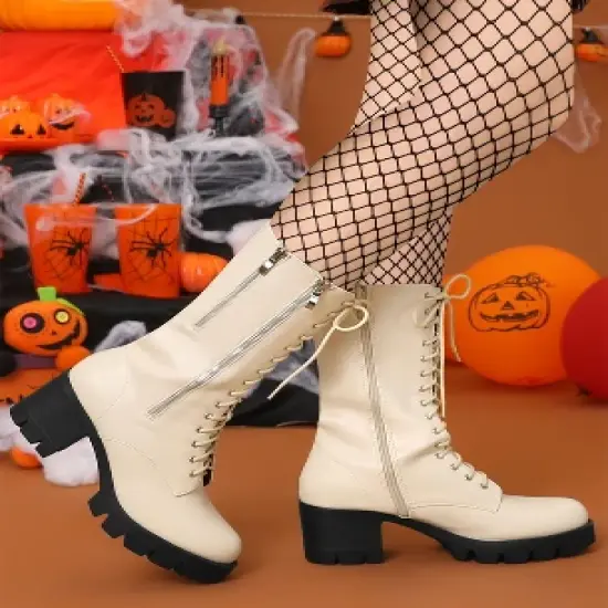 Allegra K Women's Lace Up Platform Chunky Heel Mid Calf Boots image {1}