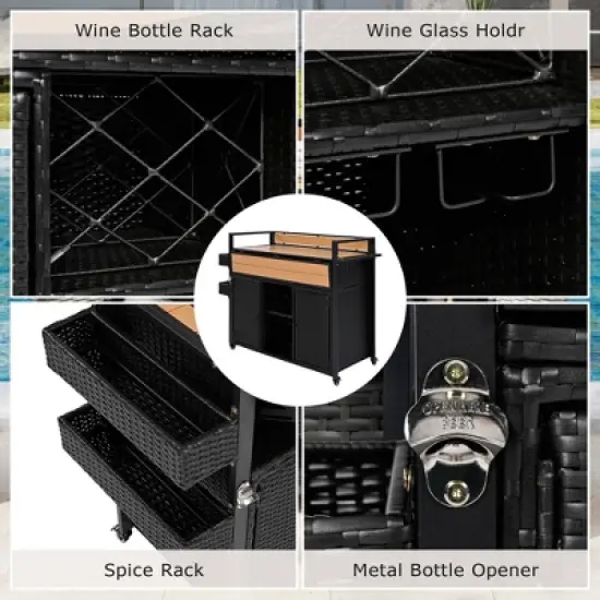 Wooakway 53"W Outdoor Grill Cart with Wheels Black Brown Wicker Rolling Kitchen Island with Storage and Extension Tabletop image {6}