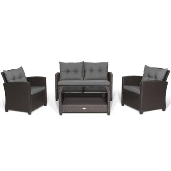 Tangkula Set Of 4 Outdoor Rattan Furniture Set PE Rattan Wicker Sectional Sofa w/ Loveseat Chair & Glass Table Patio Cushioned Conversation Sets Gray image {5}