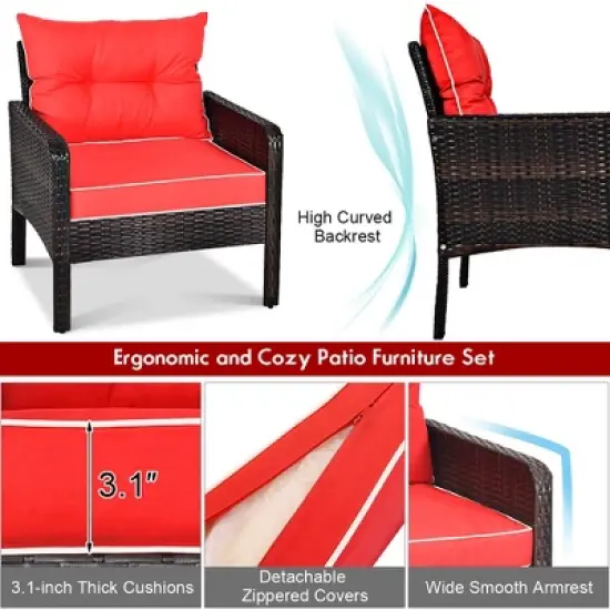 Costway 5 PCS Patio Rattan Furniture Set Sofa Ottoman Table Cushioned Yard Red image {7}